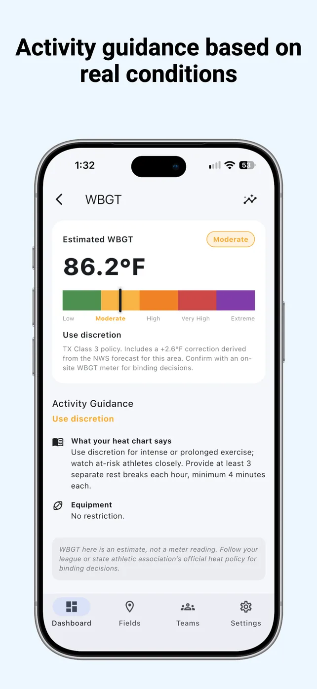 Headline “Activity guidance based on real conditions.” A phone shows an estimated WBGT of 86.2 degrees marked Moderate under the Texas Class 3 policy, with what the heat chart says about rest breaks and the equipment guidance below it.