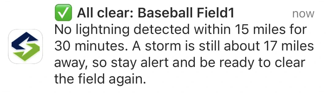 A Sports Safe notification: All clear: Baseball Field1. No lightning detected within 15 miles for 30 minutes. A storm is still about 17 miles away, so stay alert and be ready to clear the field again.