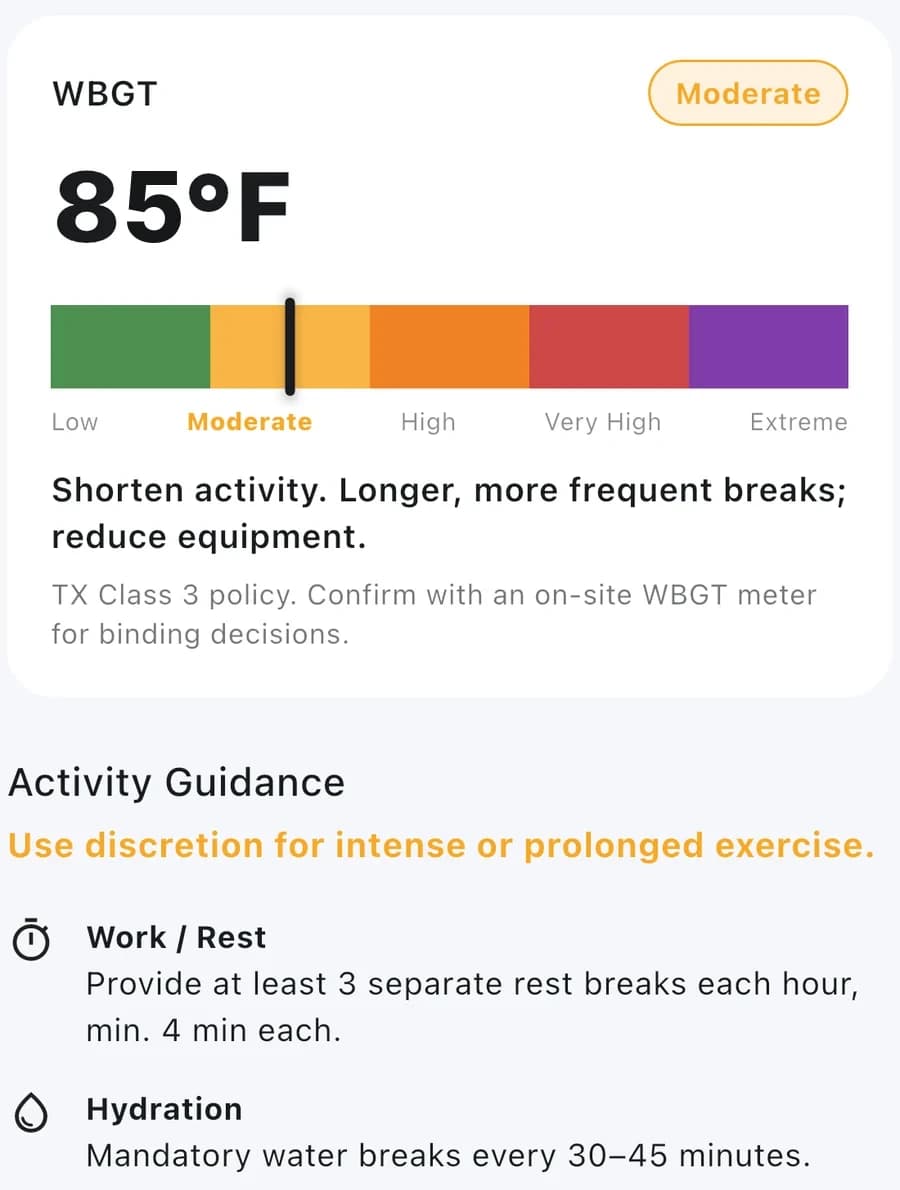 A WBGT of 85 degrees in the Use discretion band of a Texas Class 3 heat chart, with activity guidance: at least 3 rest breaks each hour of at least 4 minutes, and water breaks every 30 to 45 minutes.