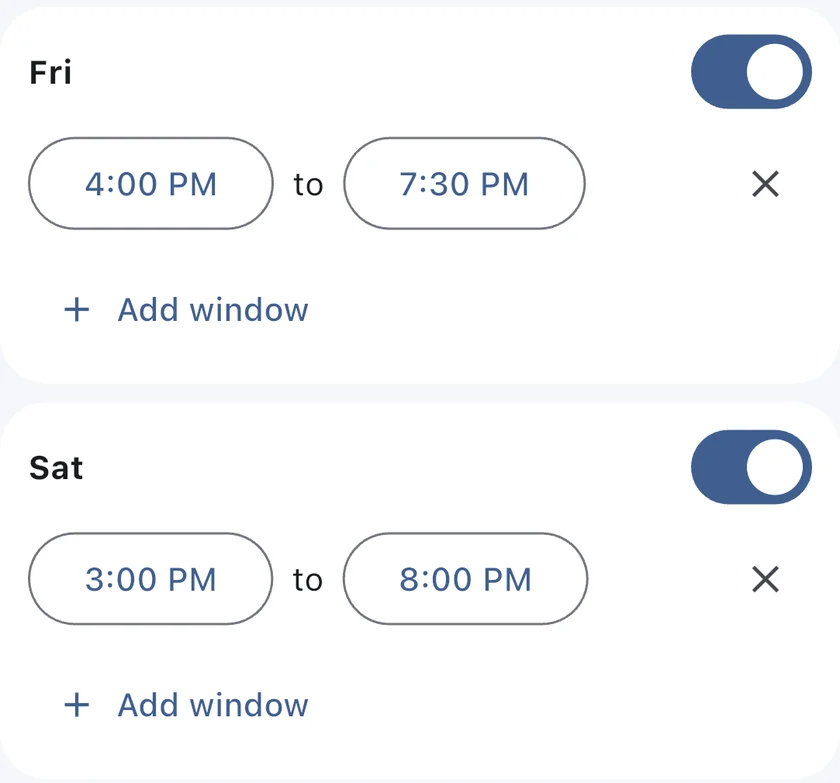 A field's alert schedule with Friday set from 4:00 PM to 7:30 PM and Saturday from 3:00 PM to 8:00 PM, each with an option to add another window.