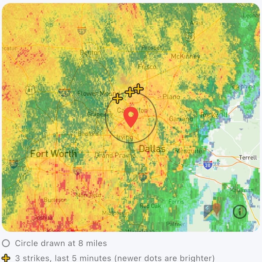 A radar map around a field near Dallas with an 8 mile circle drawn around it and 3 lightning strikes from the last 5 minutes.
