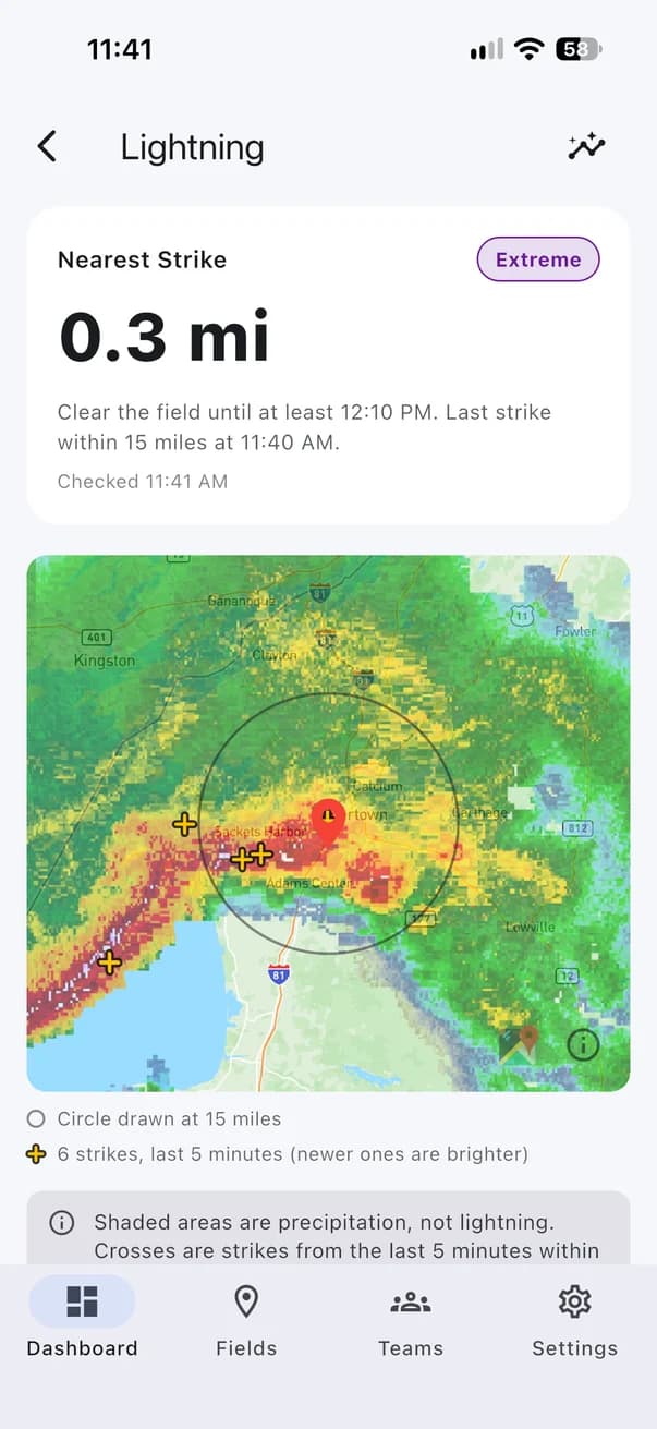 The live strike map with the nearest strike 0.3 miles away, recent strikes over radar, and a 15 mile circle around the field