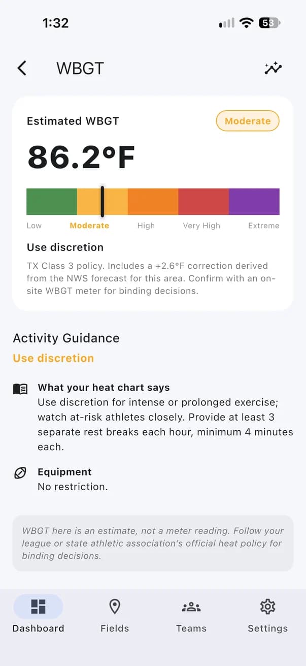 The WBGT screen at 86.2 degrees, marked Moderate, with the Texas Class 3 guidance to use discretion and take at least 3 rest breaks an hour