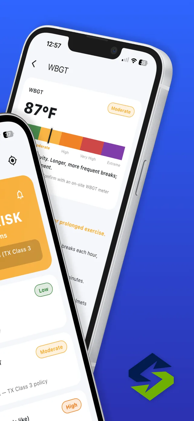 Continuation of the same promotion, showing a second phone with the WBGT detail screen at 87 degrees on a colored risk scale, with guidance about longer, more frequent breaks.