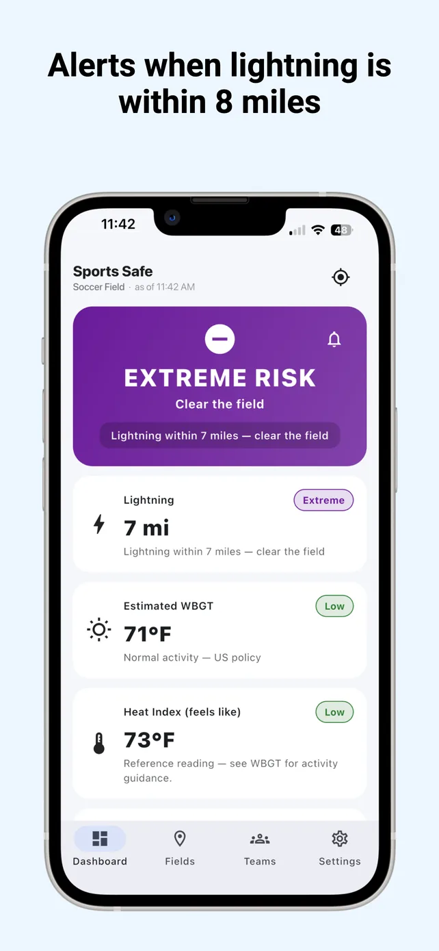 Headline “Alerts when lightning is within 8 miles.” A phone shows a purple Extreme Risk banner reading “Clear the field”, with lightning detected 7 miles away, an estimated WBGT of 71 degrees marked Low, and a heat index of 73 degrees.