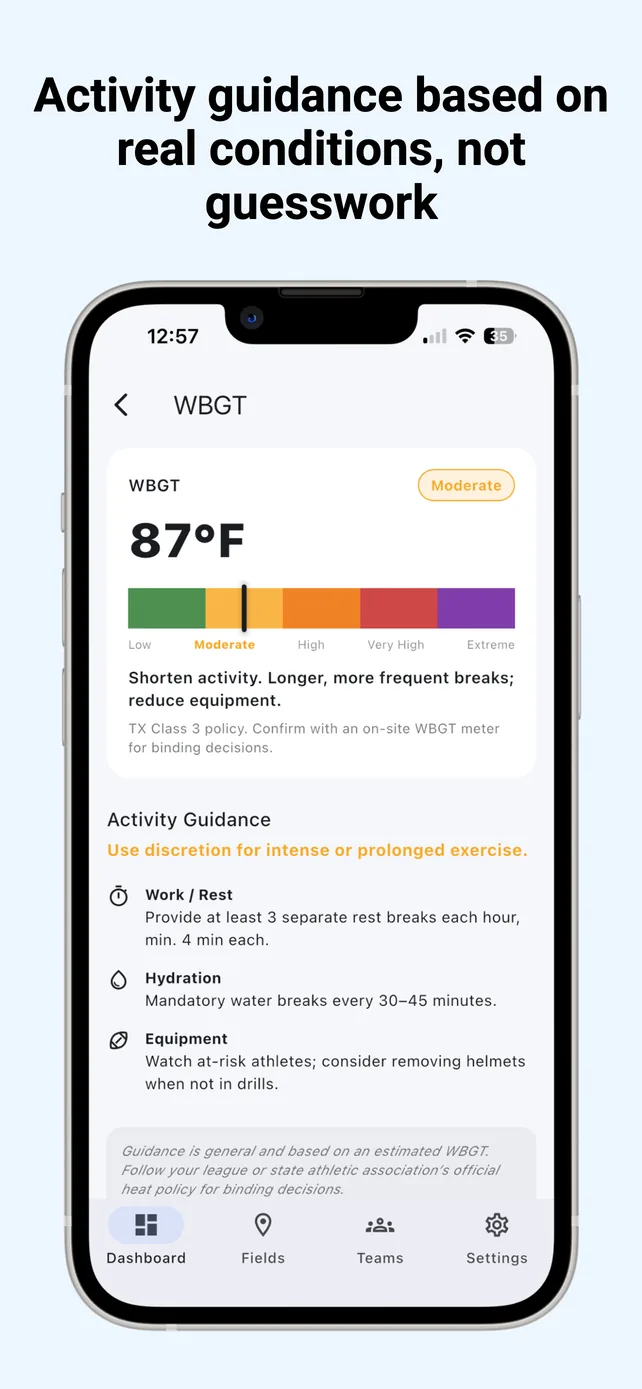 Headline “Activity guidance based on real conditions, not guesswork.” A phone shows a WBGT reading of 87 degrees on a five band scale, with activity guidance covering work and rest breaks, hydration, and equipment.